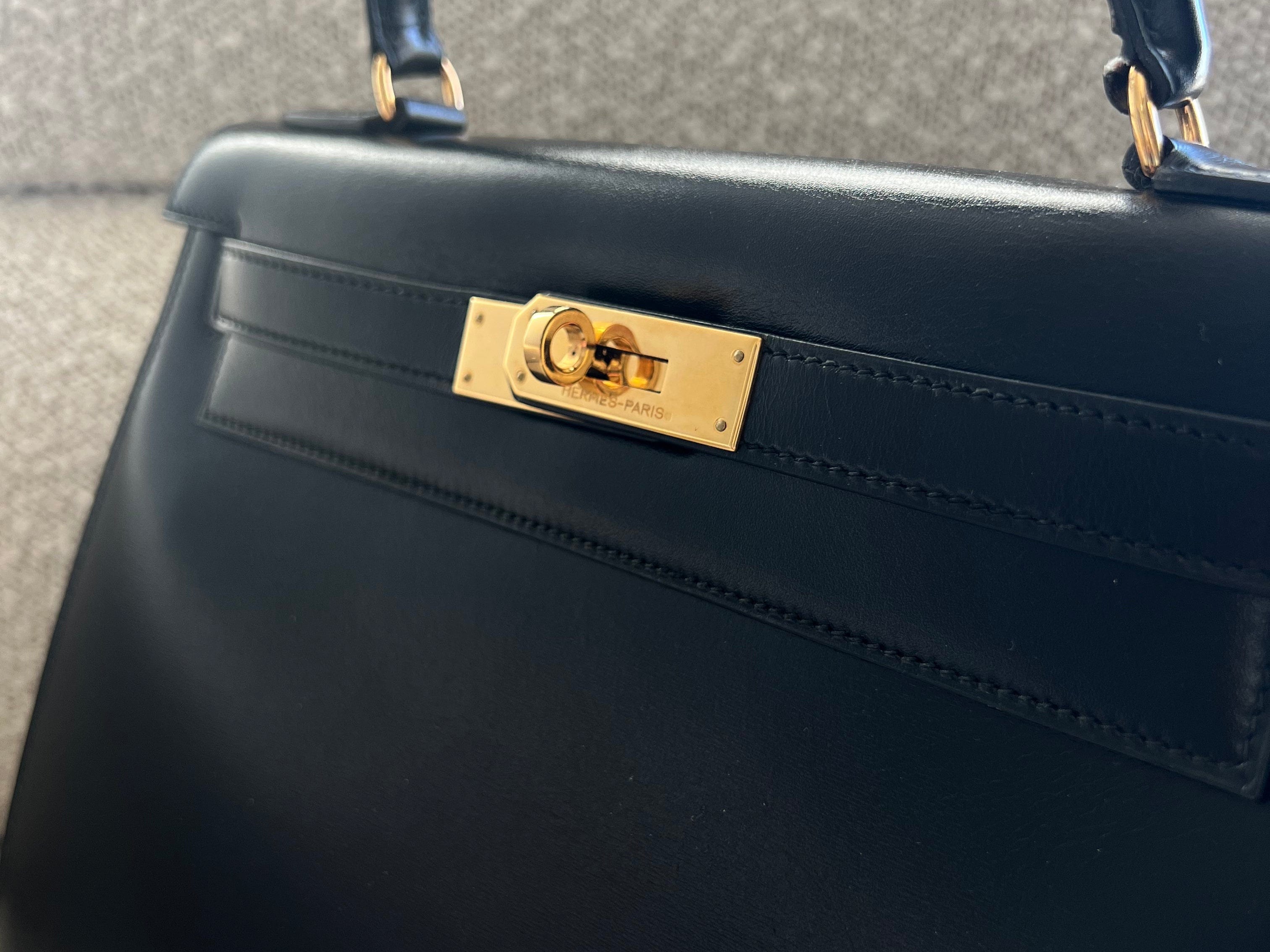 Hermes Handbag Hermes Vintage Kelly 28 Box Calfskin Black Gold Metal Fittings - Redeluxe