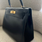 Hermes Handbag Hermes Vintage Kelly 28 Box Calfskin Black Gold Metal Fittings - Redeluxe