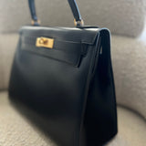 Hermes Handbag Hermes Vintage Kelly 28 Box Calfskin Black Gold Metal Fittings - Redeluxe