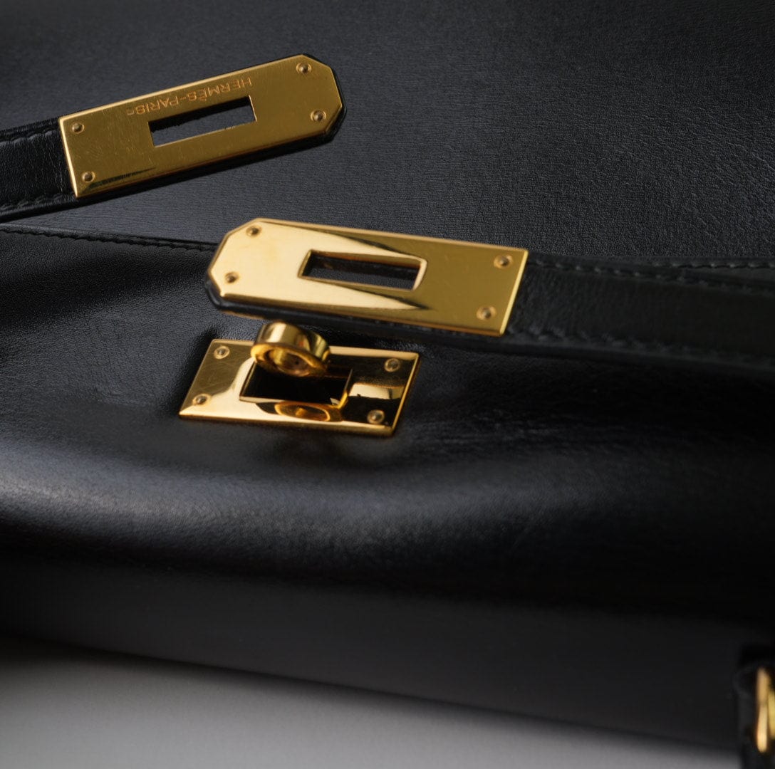 Hermes Handbag Hermes Vintage Kelly 28 Box Calfskin Black Gold Metal Fittings - Redeluxe