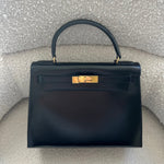 Hermes Handbag Hermes Vintage Kelly 28 Box Calfskin Black Gold Metal Fittings - Redeluxe