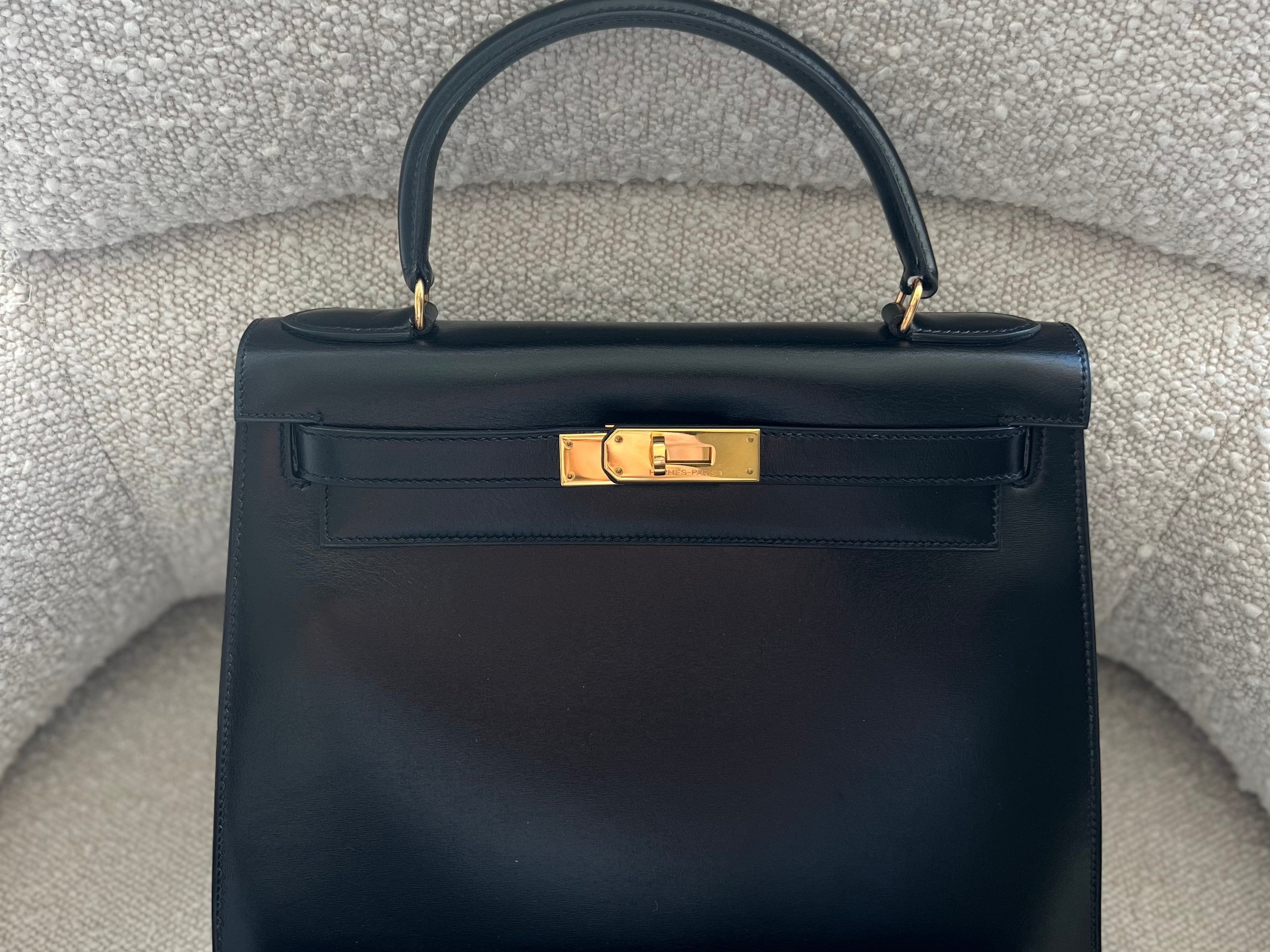 Hermes Handbag Hermes Vintage Kelly 28 Box Calfskin Black Gold Metal Fittings - Redeluxe