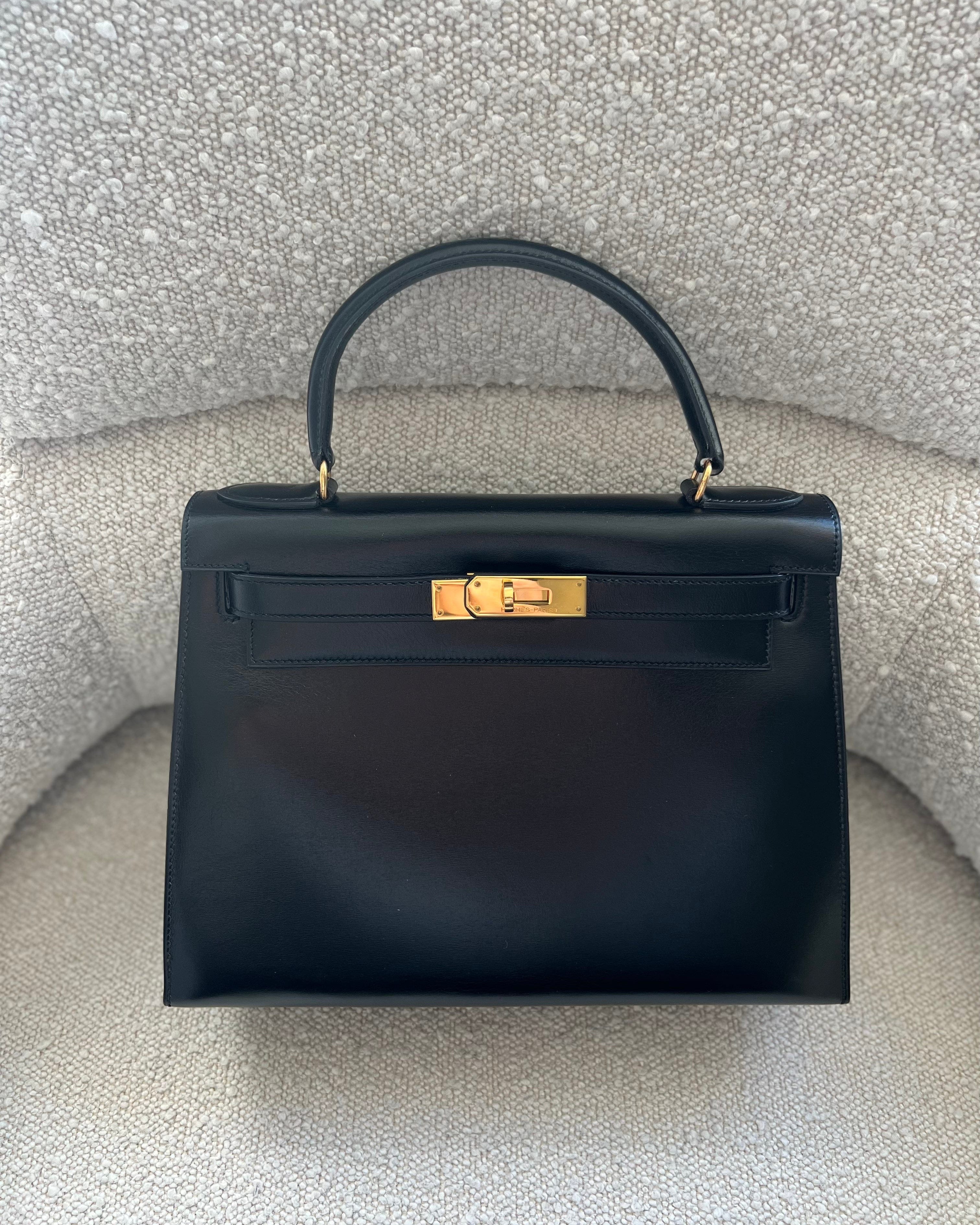 Hermes Handbag Hermes Vintage Kelly 28 Box Calfskin Black Gold Metal Fittings - Redeluxe
