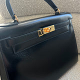 Hermes Handbag Hermes Vintage Kelly 28 Box Calfskin Black Gold Metal Fittings - Redeluxe