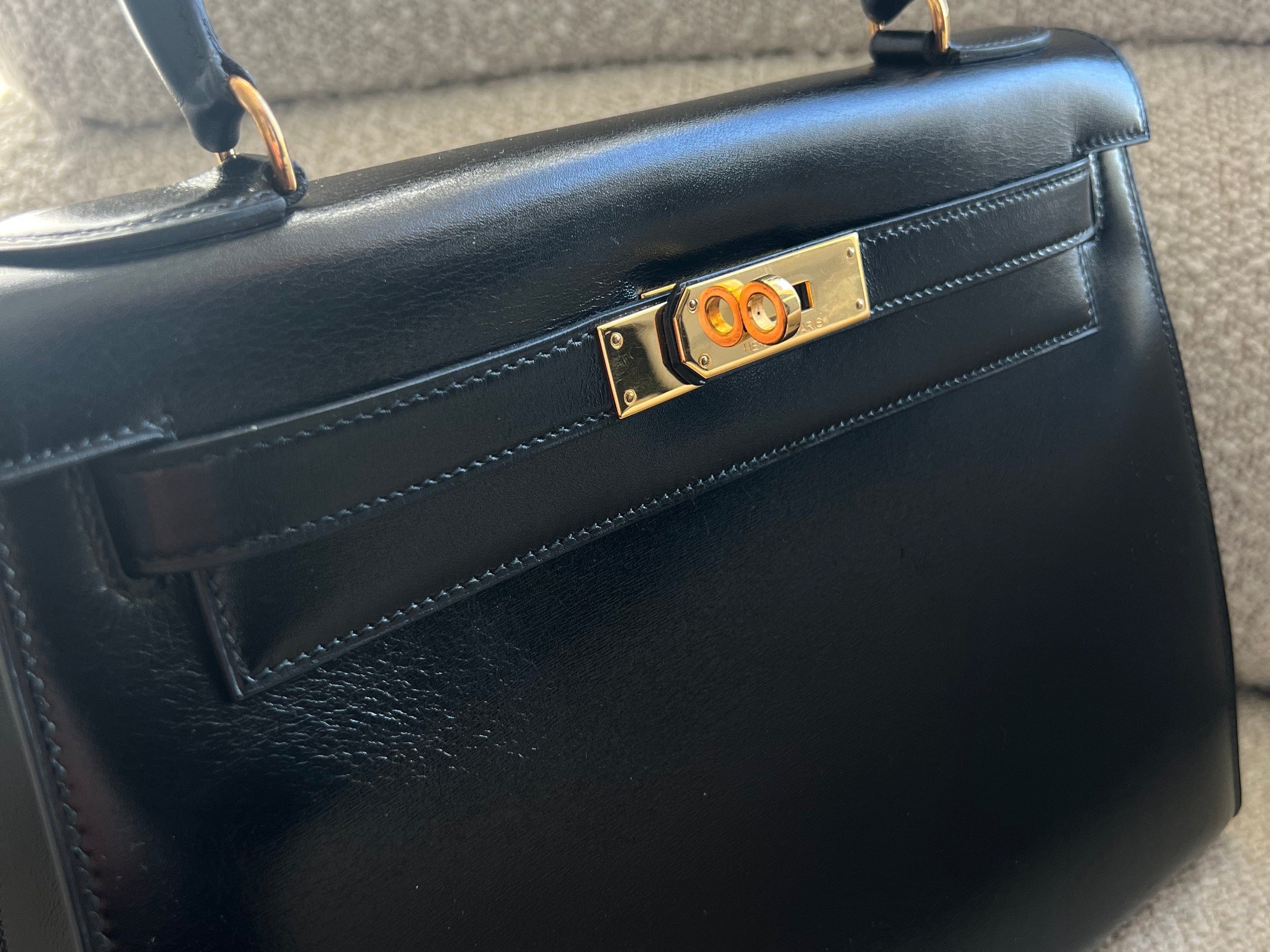Hermes Handbag Hermes Vintage Kelly 28 Box Calfskin Black Gold Metal Fittings - Redeluxe