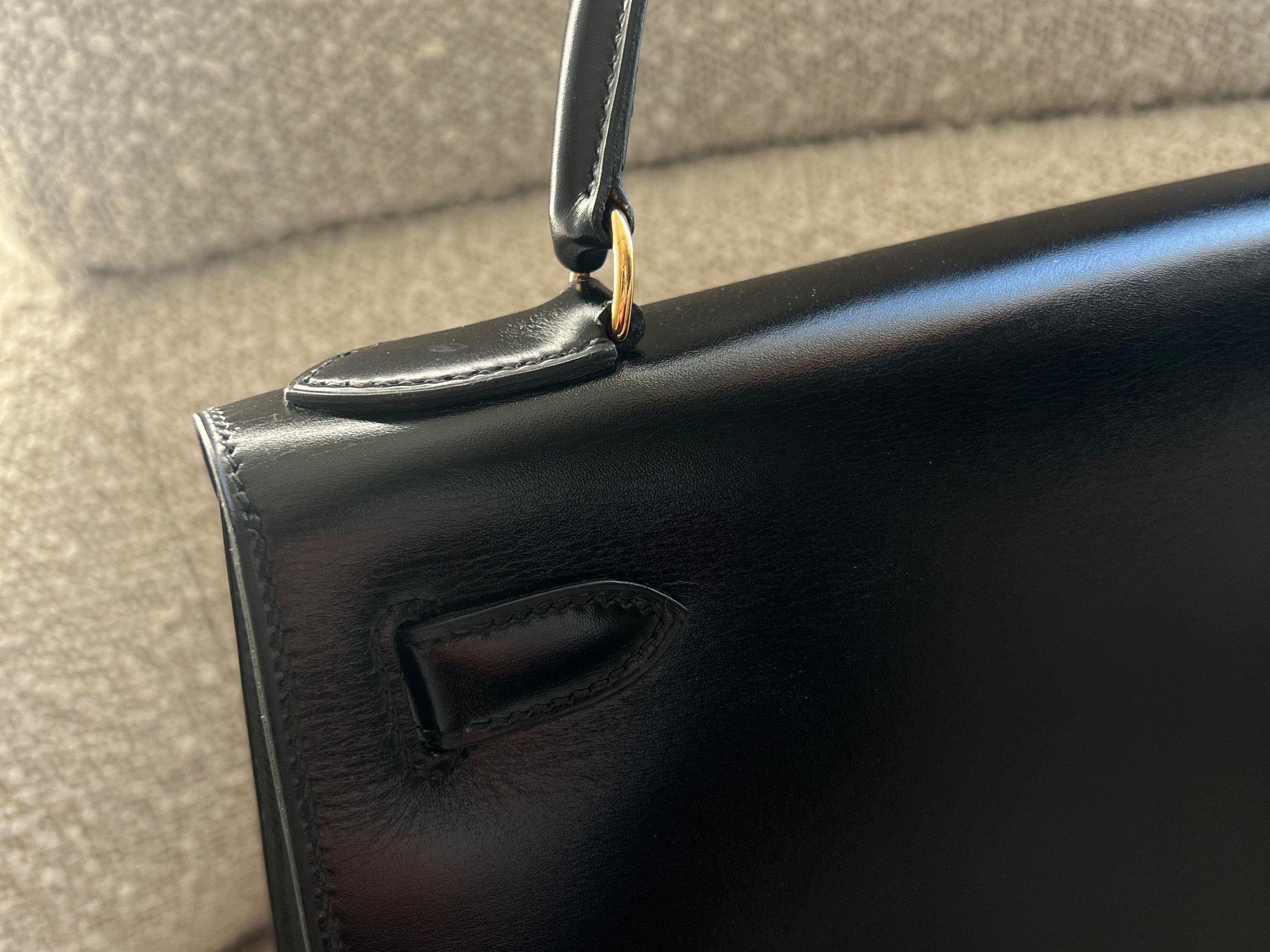 Hermes Handbag Hermes Vintage Kelly 28 Box Calfskin Black Gold Metal Fittings - Redeluxe