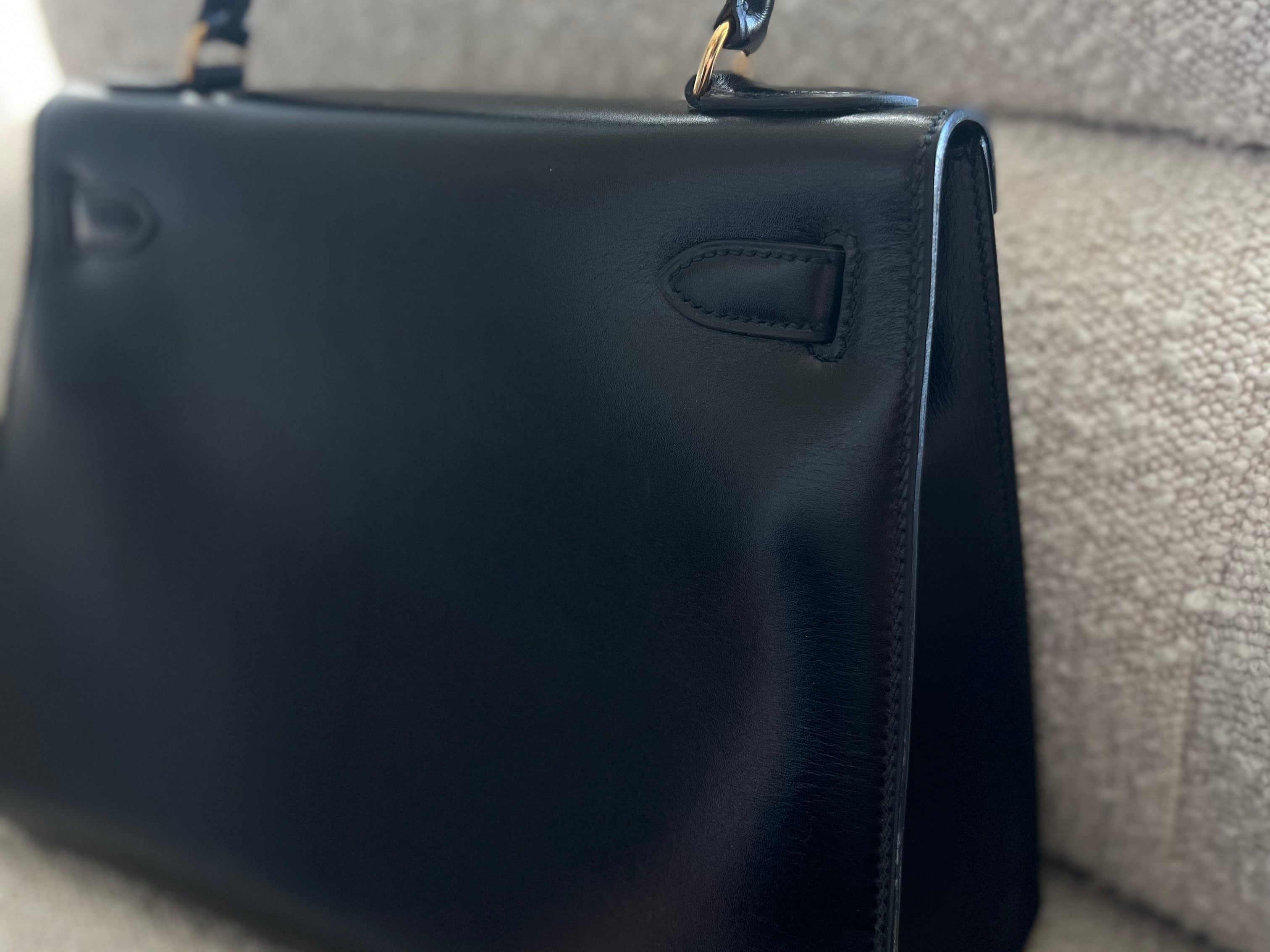 Hermes Handbag Hermes Vintage Kelly 28 Box Calfskin Black Gold Metal Fittings - Redeluxe