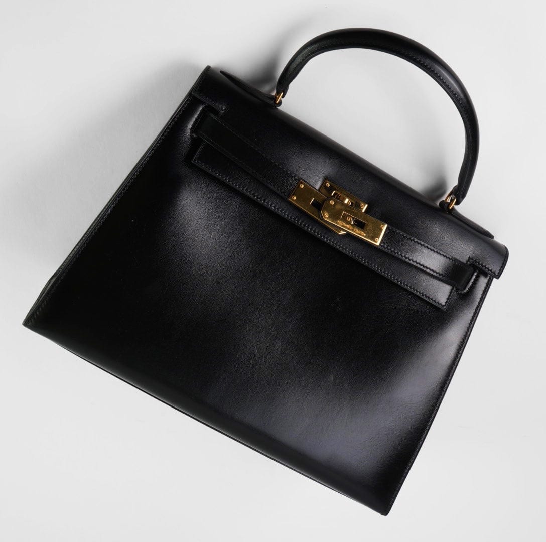 Hermes Handbag Hermes Vintage Kelly 28 Box Calfskin Black Gold Metal Fittings - Redeluxe