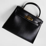 Hermes Handbag Hermes Vintage Kelly 28 Box Calfskin Black Gold Metal Fittings - Redeluxe