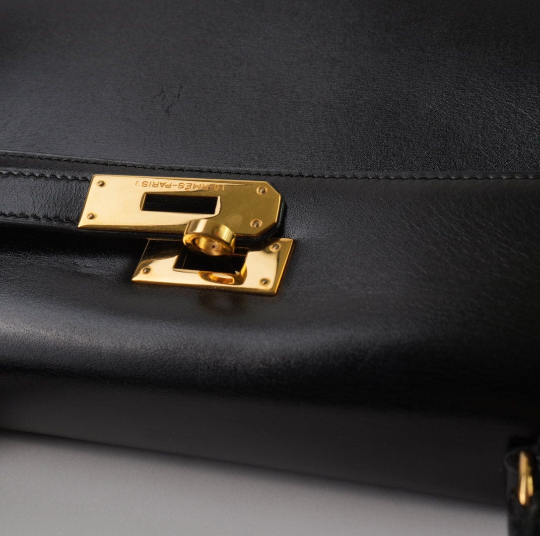 Hermes Handbag Hermes Vintage Kelly 28 Box Calfskin Black Gold Metal Fittings - Redeluxe