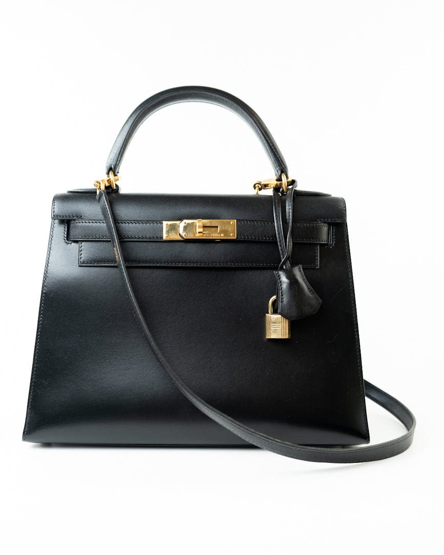 Hermes Handbag Hermes Vintage Kelly 28 Box Calfskin Black Gold - Redeluxe