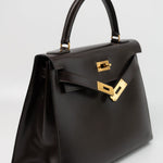 Hermes Handbag Hermes Vintage Kelly 28 Box Calfskin Chocolate Gold Metal Fittings - Redeluxe