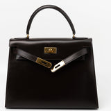 Hermes Handbag Hermes Vintage Kelly 28 Box Calfskin Chocolate Gold Metal Fittings - Redeluxe
