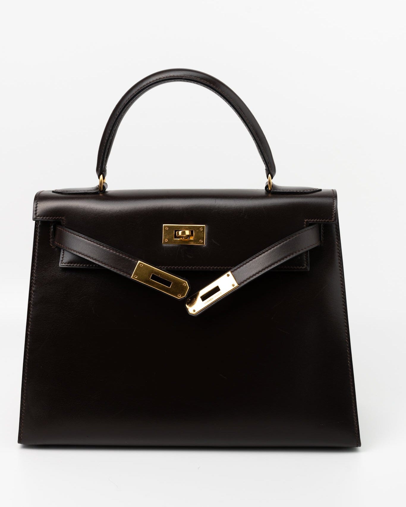 Hermes Handbag Hermes Vintage Kelly 28 Box Calfskin Chocolate Gold Metal Fittings - Redeluxe