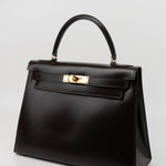Hermes Handbag Hermes Vintage Kelly 28 Box Calfskin Chocolate Gold Metal Fittings - Redeluxe