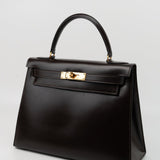 Hermes Handbag Hermes Vintage Kelly 28 Box Calfskin Chocolate Gold Metal Fittings - Redeluxe