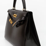 Hermes Handbag Hermes Vintage Kelly 28 Box Calfskin Chocolate Gold Metal Fittings - Redeluxe
