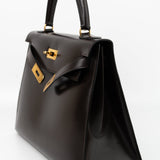 Hermes Handbag Hermes Vintage Kelly 28 Box Calfskin Chocolate Gold Metal Fittings - Redeluxe