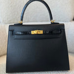 Hermes Handbag Kelly 25 Veau Madame Leather Shiny Niloticus Crocodile Skin Gold Plated - Redeluxe