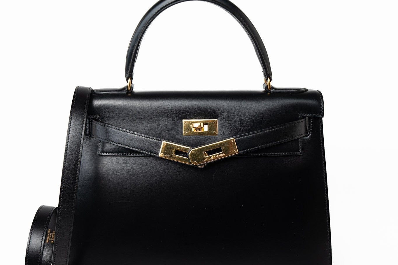Hermes Handbag Kelly 28 Black Box Calfskin Leather Gold Hardware - Redeluxe