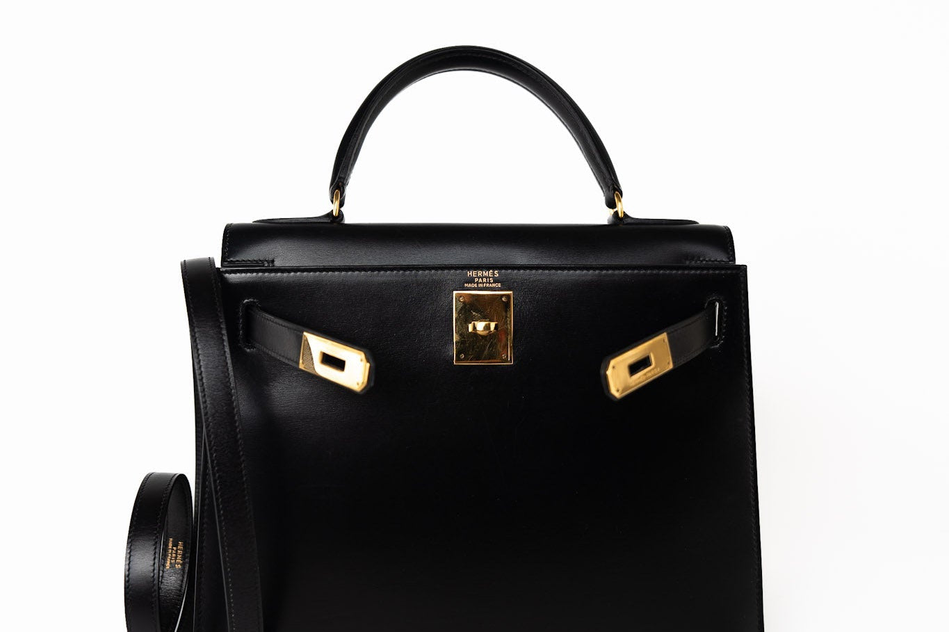 Hermes Handbag Kelly 28 Black Box Calfskin Leather Gold Hardware - Redeluxe
