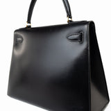 Hermes Handbag Kelly 28 Black Box Calfskin Leather Gold Hardware - Redeluxe