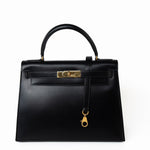 Hermes Handbag Kelly 28 Black Box Calfskin Leather Gold Hardware - Redeluxe