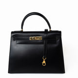 Hermes Handbag Kelly 28 Black Box Calfskin Leather Gold Hardware - Redeluxe