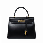 Hermes Handbag Kelly 28 Black Box Calfskin Leather Gold Hardware - Redeluxe