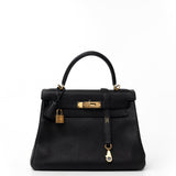 Hermes Handbag Kelly 28 Black Veau Togo Leather Gold Plated C Stamp - Redeluxe