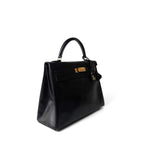 Hermes Handbag Kelly 32 Black Box Calfskin Gold Plated X Circle Stamp - Redeluxe