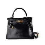 Hermes Handbag Kelly / Black Kelly 28 Retourne Black Box Calfskin Leather Gold Plated Hardware A Square Stamp - Redeluxe