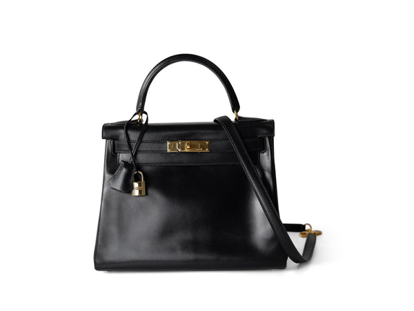 Kelly 28 Retourne Black Box Calfskin Leather Gold Plated Hardware