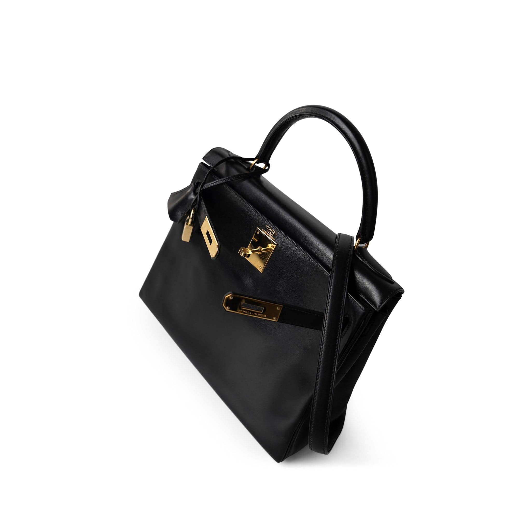 Hermes Handbag Kelly / Black Kelly 28 Retourne Black Box Calfskin Leather Gold Plated Hardware A Square Stamp - Redeluxe