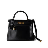 Hermes Handbag Kelly / Black Kelly 28 Retourne Black Box Calfskin Leather Gold Plated Hardware A Square Stamp - Redeluxe