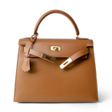 Hermes Handbag Kelly / Brown Kelly Sellier 28 Gold Natural Chamonix Plated A Square Stamp - Redeluxe