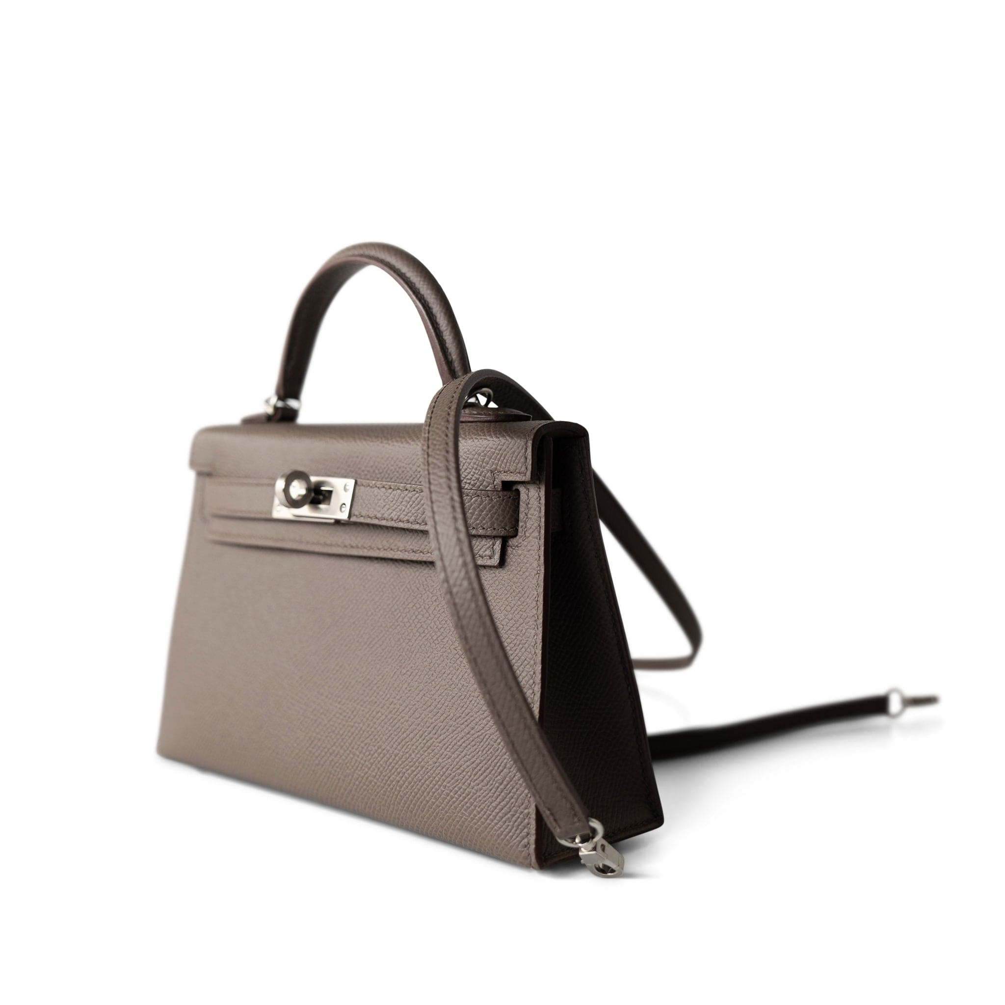 Hermes Handbag Kelly / Grey Hermes Kelly Mini II Etain (greige) Veau Epsom Leather Palladium plated Y Stamp - Redeluxe