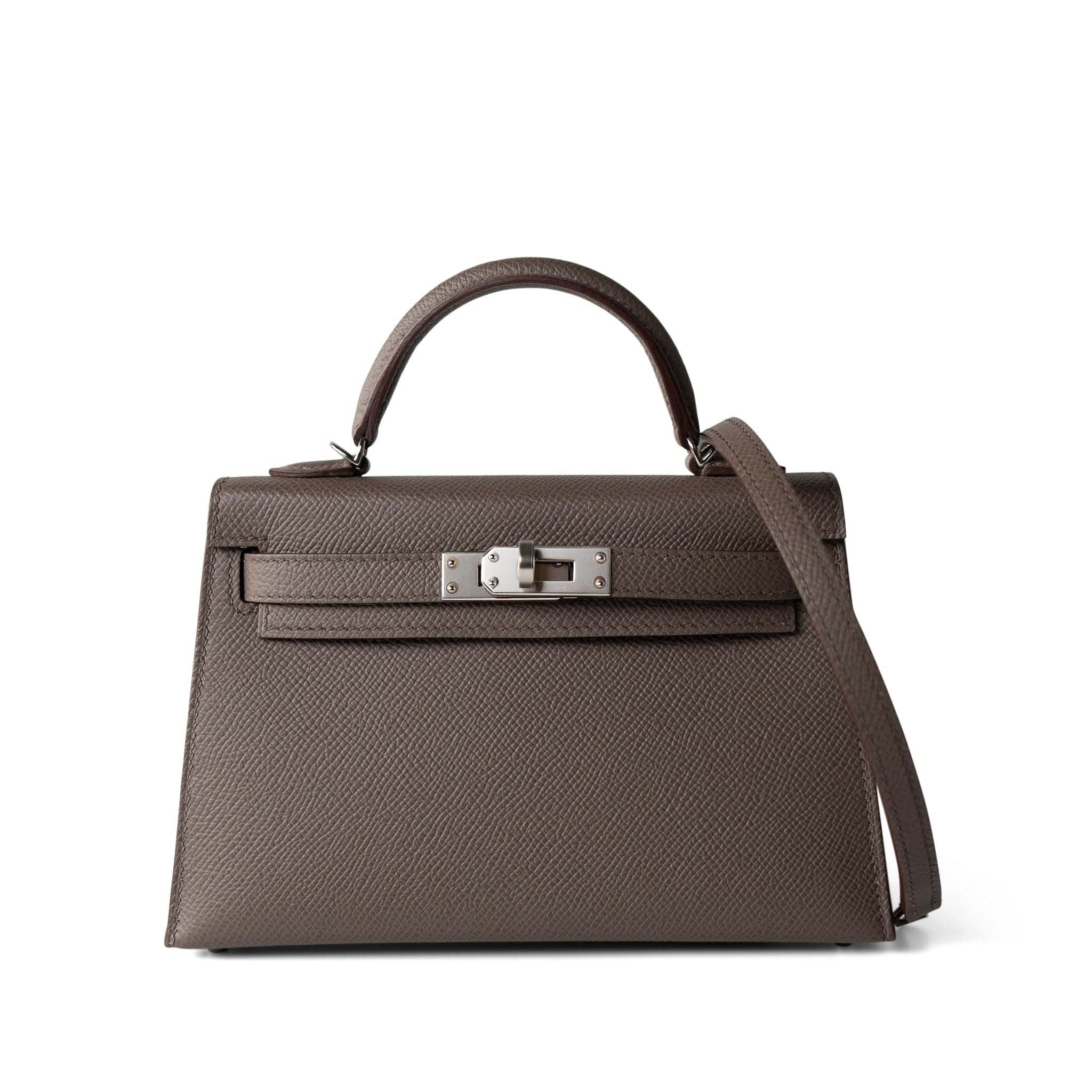 Hermes Handbag Kelly / Grey Hermes Kelly Mini II Etain (greige) Veau Epsom Leather Palladium plated Y Stamp - Redeluxe