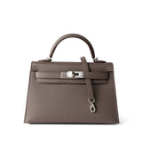 Hermes Handbag Kelly / Grey Hermes Kelly Mini II Etain (greige) Veau Epsom Leather Palladium plated Y Stamp - Redeluxe