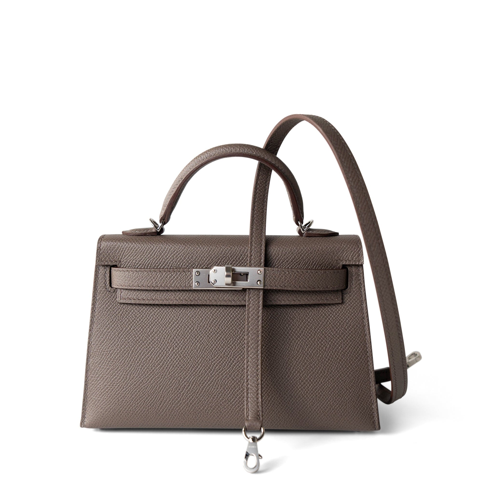 Hermes Handbag Kelly / Grey Hermes Kelly Mini II Etain (greige) Veau Epsom Leather Palladium plated Y Stamp - Redeluxe