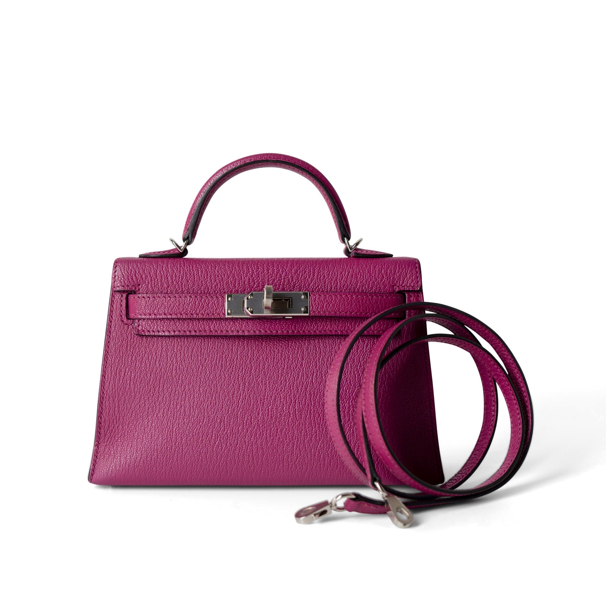 Hermes Handbag Kelly / Purple Mini Kelly Rose Pourpre Chèvre Mysore Palladium Plated Hardware C Stamp - Redeluxe