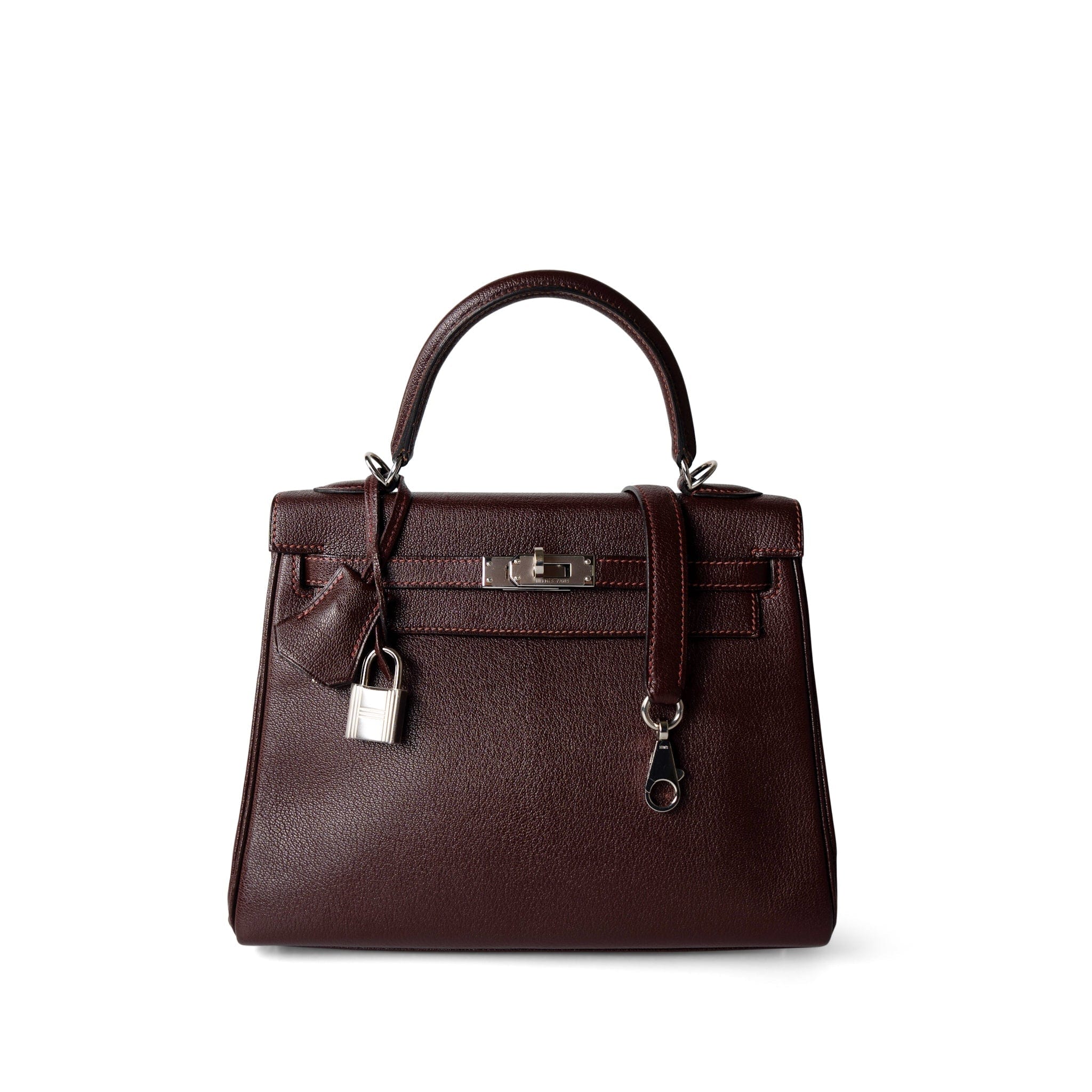 Hermes Handbag Kelly / Red Kelly 25 Retourne Rouge H Chèvre Palladium Plated I Square Stamp - Redeluxe