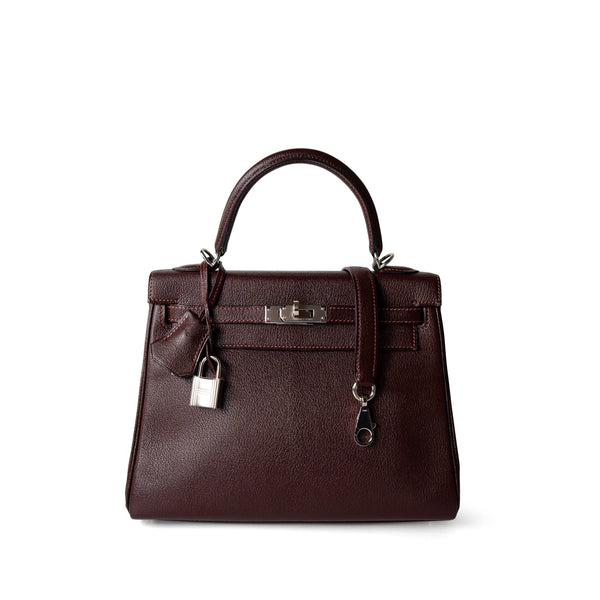 Kelly 25 Retourne Rouge H Chèvre Palladium Plated I Square Stamp