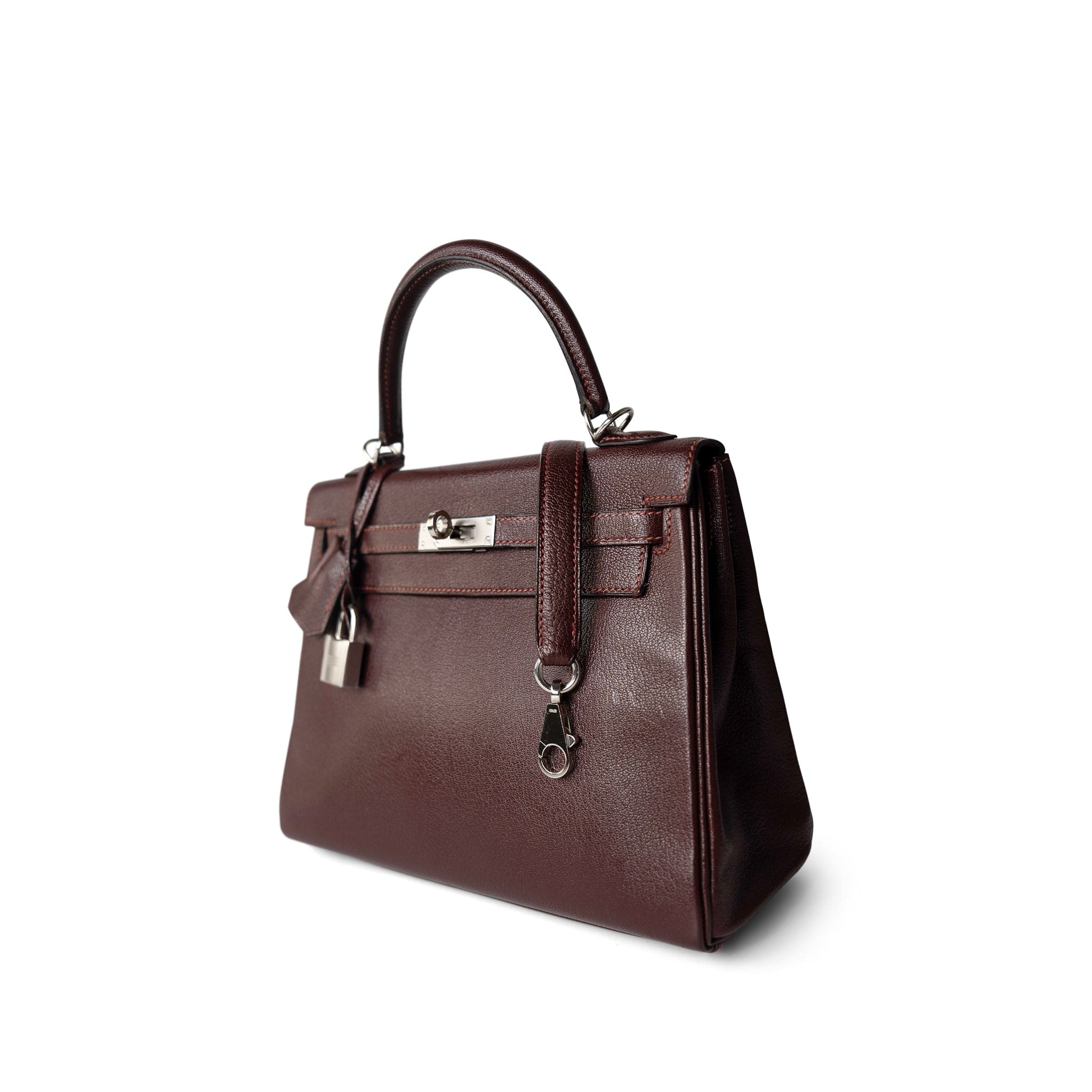 Hermes Handbag Kelly / Red Kelly 25 Retourne Rouge H Chèvre Palladium Plated I Square Stamp - Redeluxe