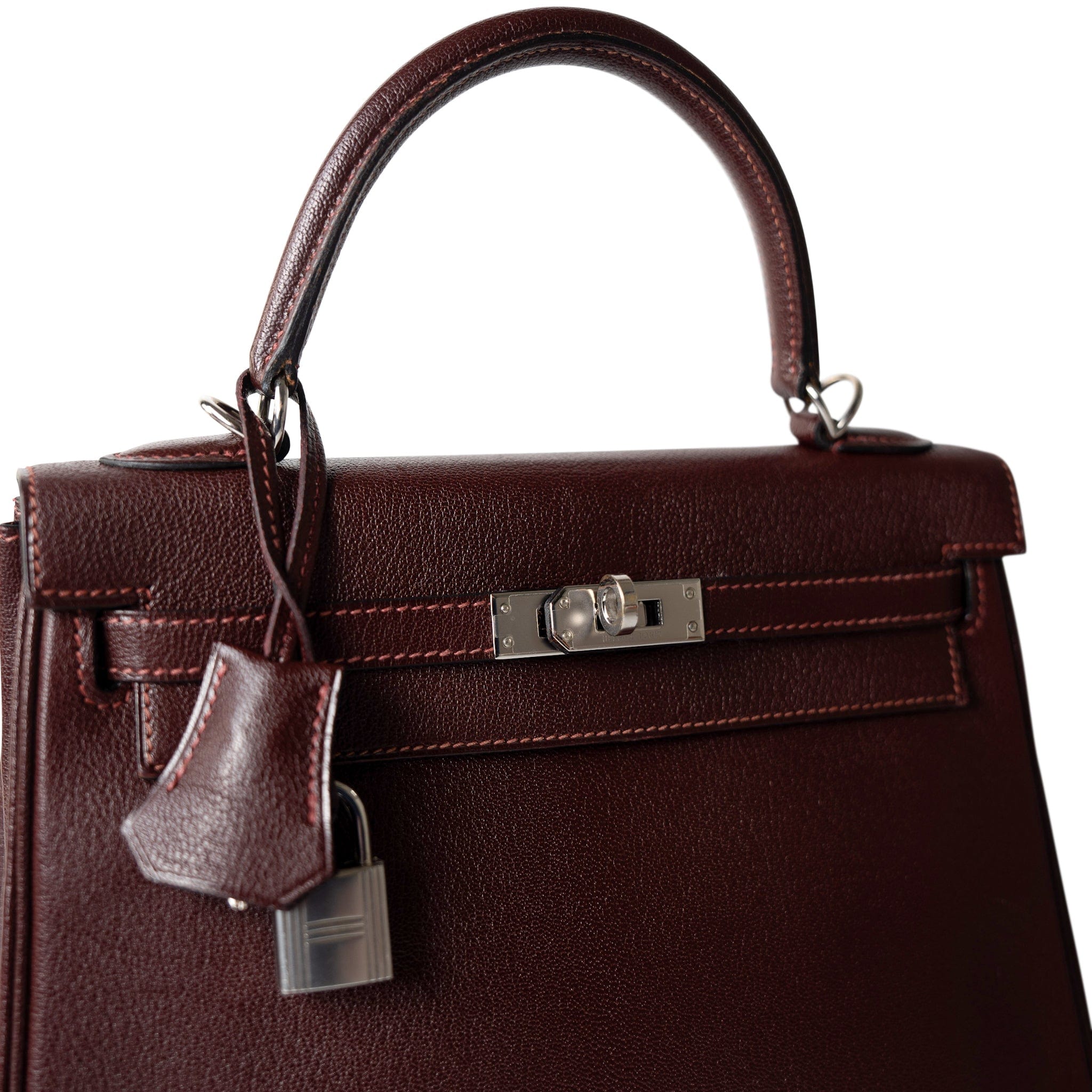 Hermes Handbag Kelly / Red Kelly 25 Retourne Rouge H Chèvre Palladium Plated I Square Stamp - Redeluxe