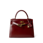 Hermes Handbag Kelly / Red Kelly 28 Rouge Box Calfskin Gold Plated V Stamp - Redeluxe