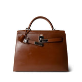 Hermes Handbag Kelly Sellier 32 Noisette Box Calfskin Palladium Plated [E] Stamp - Redeluxe