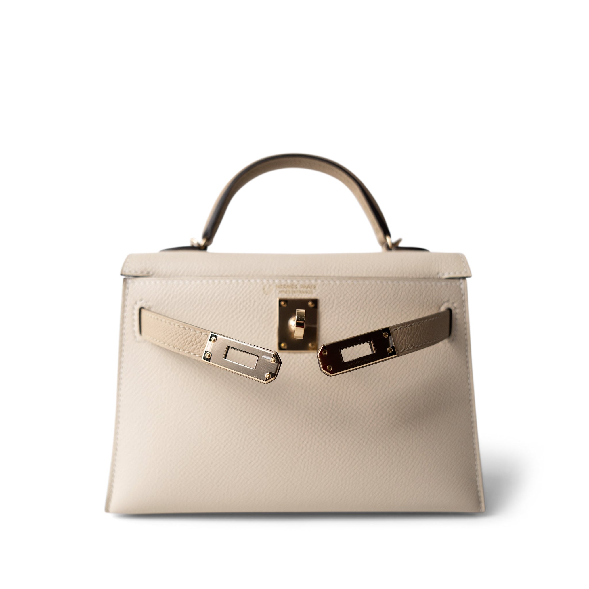 Hermes Handbag Mini Kelly Sellier II Craie Epsom Permabrass Plated Z Stamp - Redeluxe