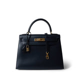 Hermes Handbag Navy Kelly 28 Sellier Navy Box Calfskin Gold Plated X Circle Stamp - Redeluxe
