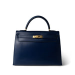 Hermes Handbag Navy Kelly Sellier 32 Blue Box Calfskin Gold Plated (U) Stamp - Redeluxe